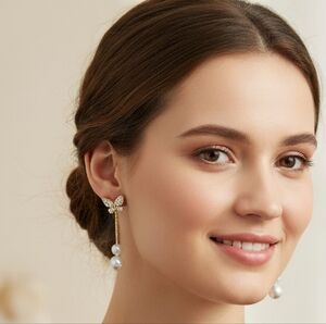 Clear Rhinestone Butterfly Gold Wire Pearl Drop Jacket Earrings Soft Girl Vibe